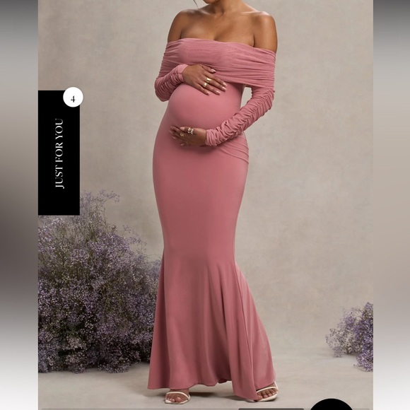 CLUB L LONDON PRETTY PERFECT BLUSH PINK MATERNITY DRESS MESH BARDOT MAXI DRESS - Picture 4 of 7
